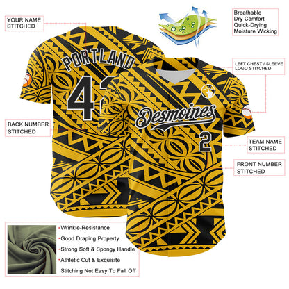 Custom Yellow Black-White 3D Polynesian Style Islander Authentic Baseball Jersey - Sky-Custom