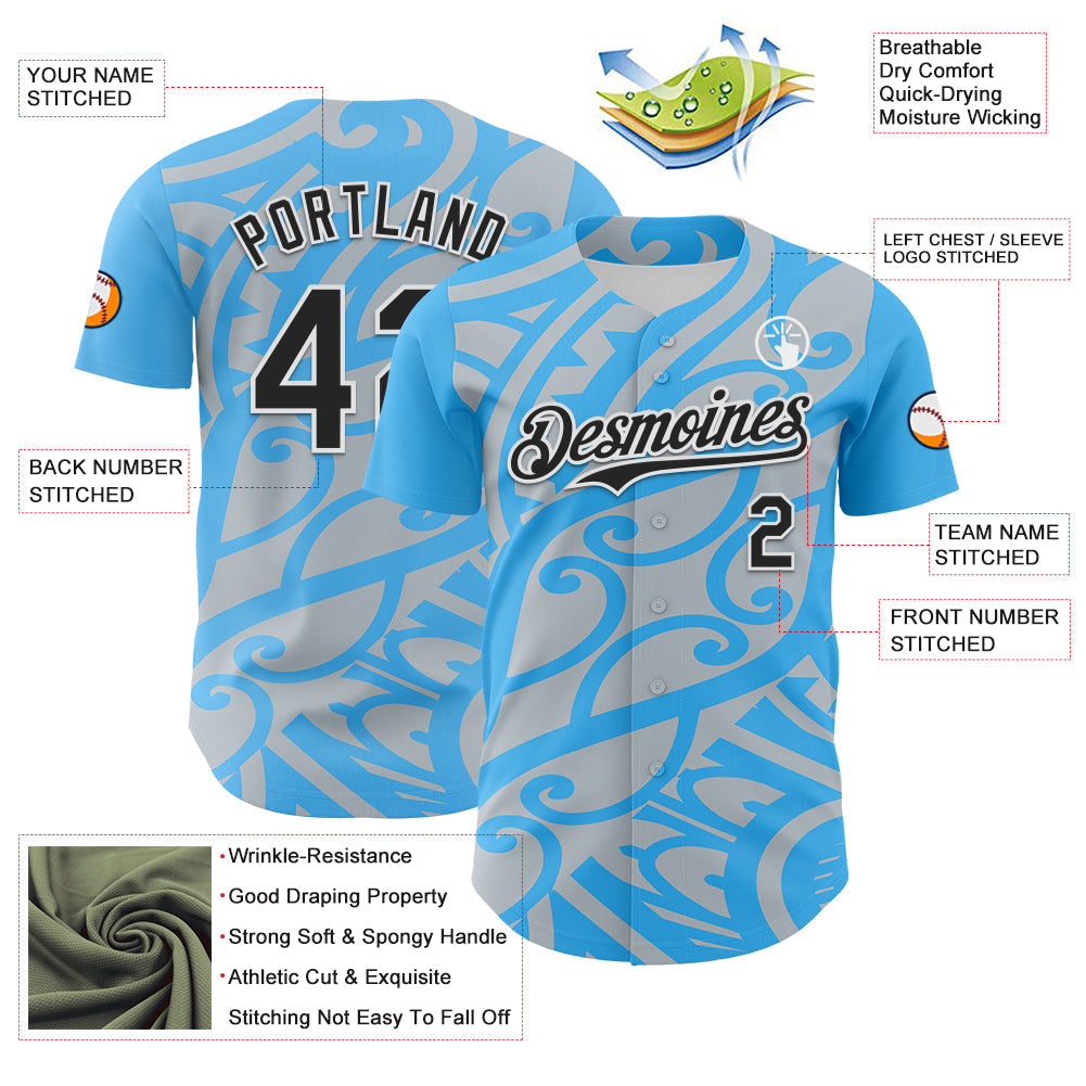 Custom Sky Blue Black Silver-White 3D Polynesian Style Islander Authentic Baseball Jersey - Sky-Custom