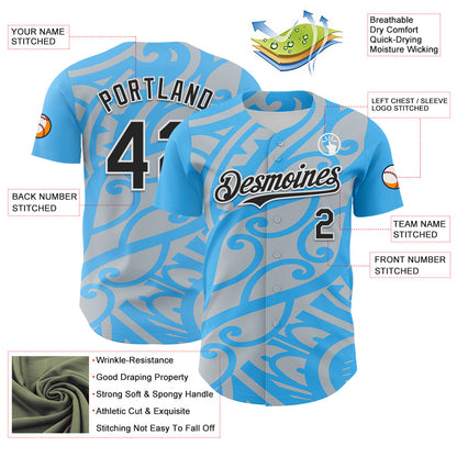 Custom Sky Blue Black Silver-White 3D Polynesian Style Islander Authentic Baseball Jersey - Sky-Custom