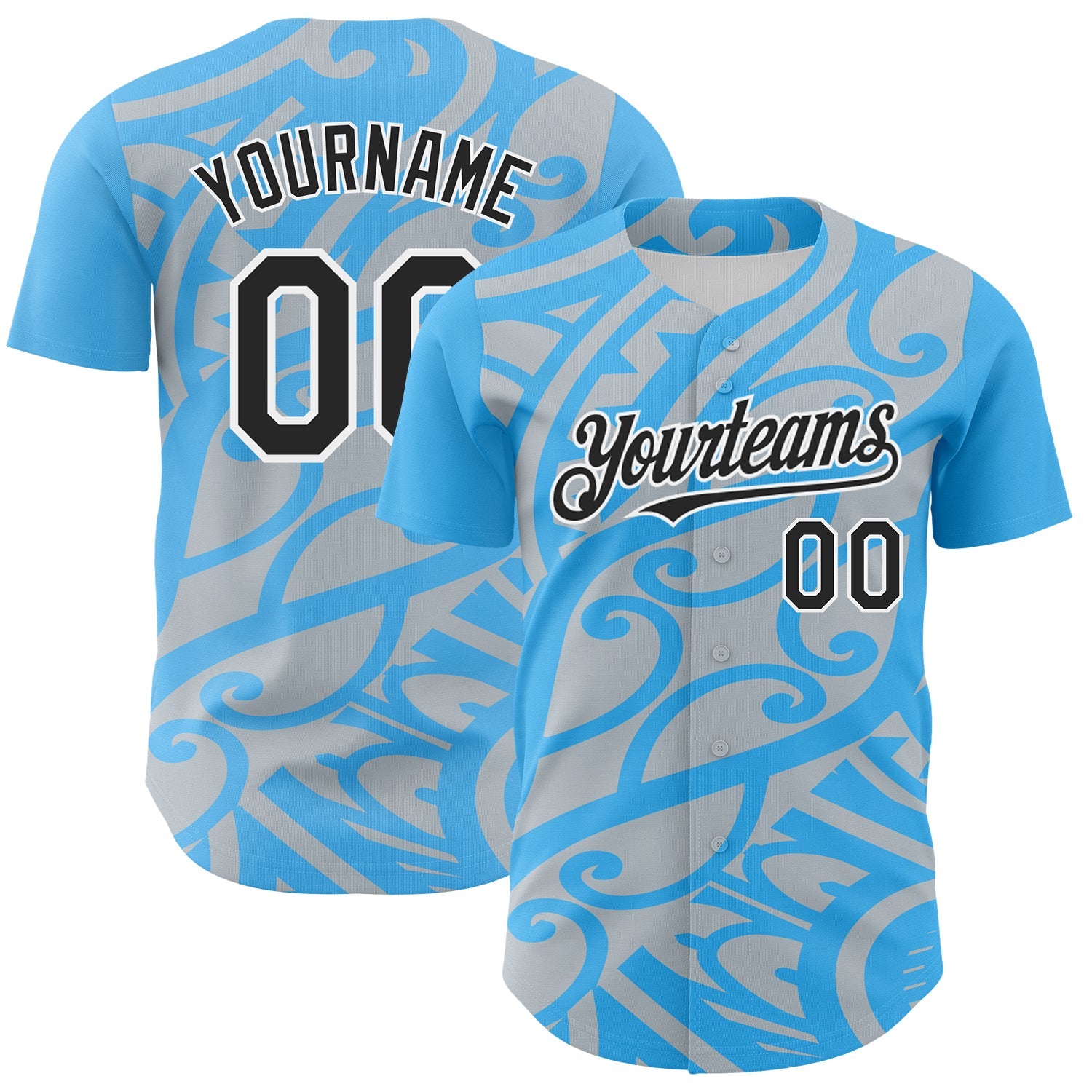 Custom Sky Blue Black Silver-White 3D Polynesian Style Islander Authentic Baseball Jersey - Sky-Custom