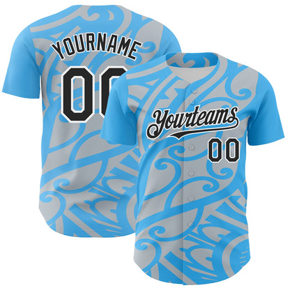 Custom Sky Blue Black Silver-White 3D Polynesian Style Islander Authentic Baseball Jersey - Sky-Custom