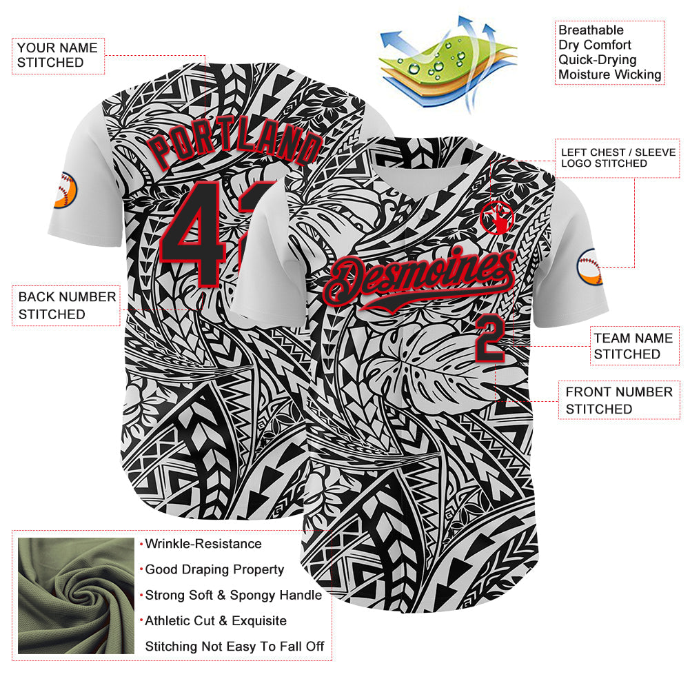 Custom Black White-Fire Red 3D Polynesian Style Islander Authentic Baseball Jersey - Sky-Custom