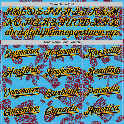 Custom Sky Blue Black Crimson-Gold 3D Polynesian Style Tiki Culture Islander Authentic Baseball Jersey - Sky-Custom