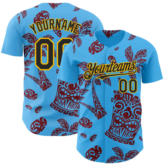 Custom Sky Blue Black Crimson-Gold 3D Polynesian Style Tiki Culture Islander Authentic Baseball Jersey - Sky-Custom