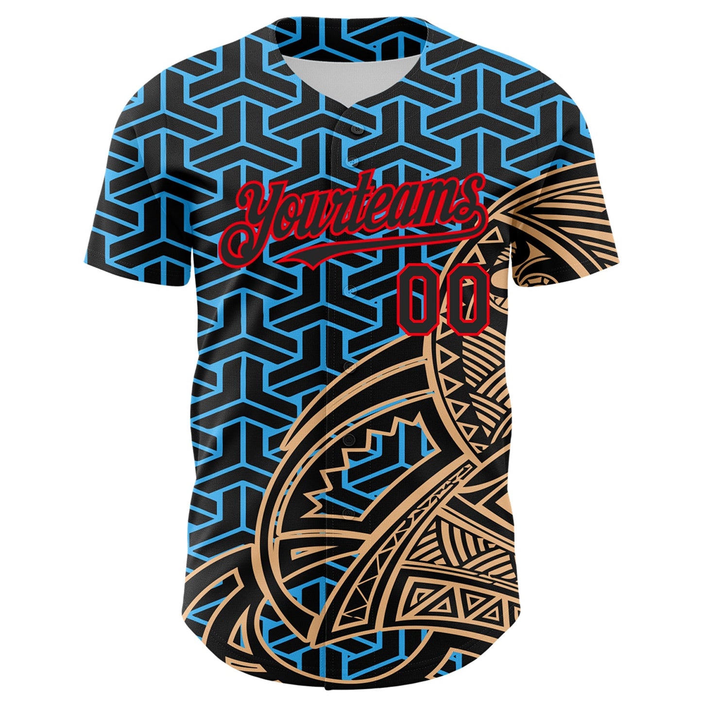 Custom Black Sky Blue Old Gold-Fire Red 3D Polynesian Style Islander Authentic Baseball Jersey - Sky-Custom