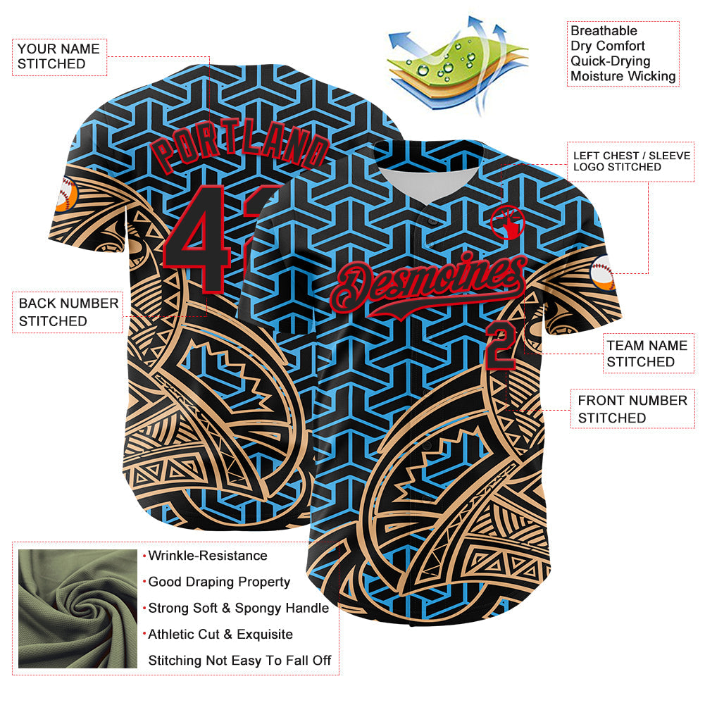 Custom Black Sky Blue Old Gold-Fire Red 3D Polynesian Style Islander Authentic Baseball Jersey - Sky-Custom