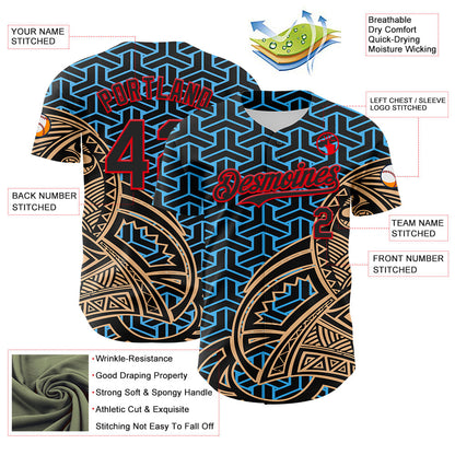 Custom Black Sky Blue Old Gold-Fire Red 3D Polynesian Style Islander Authentic Baseball Jersey - Sky-Custom