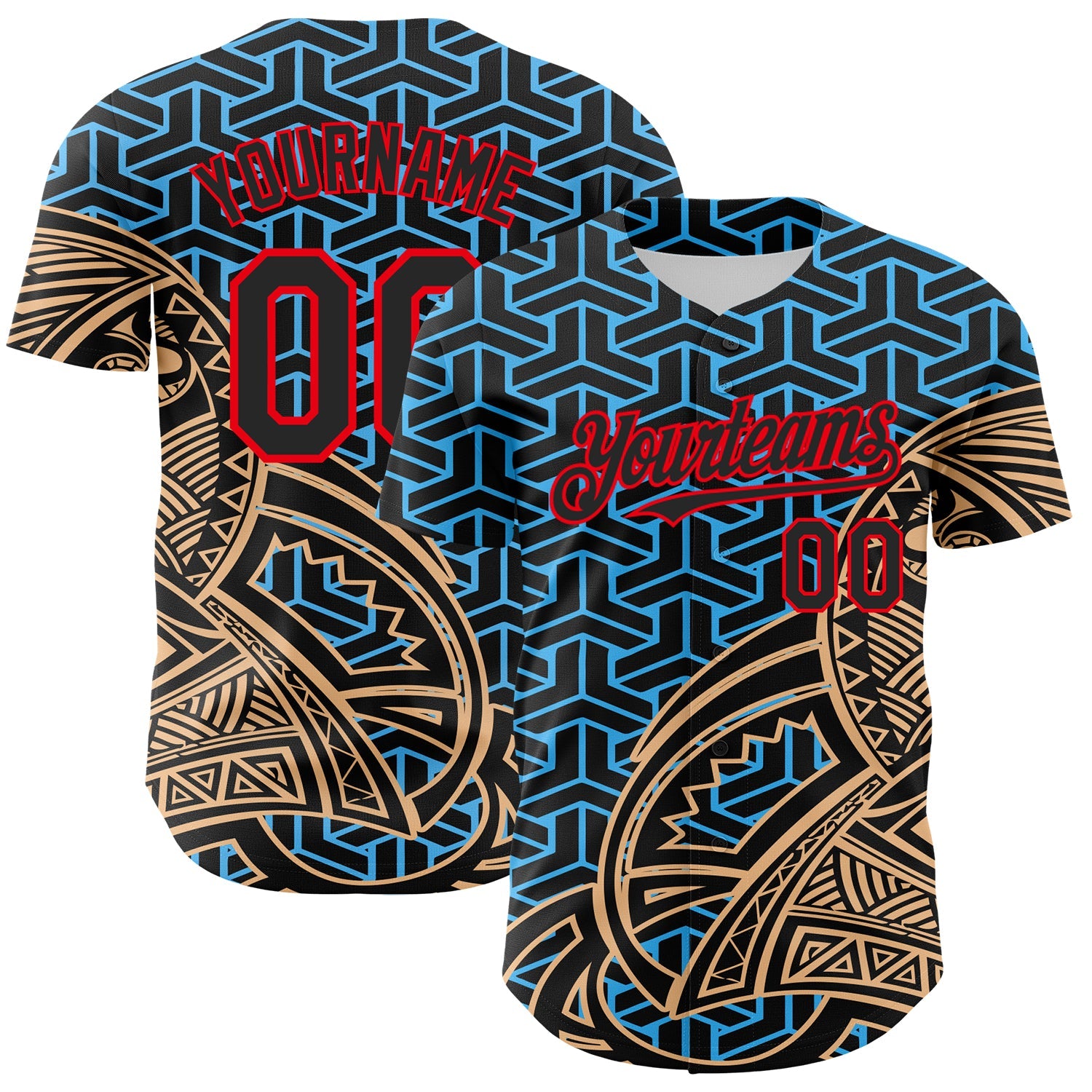 Custom Black Sky Blue Old Gold-Fire Red 3D Polynesian Style Islander Authentic Baseball Jersey - Sky-Custom