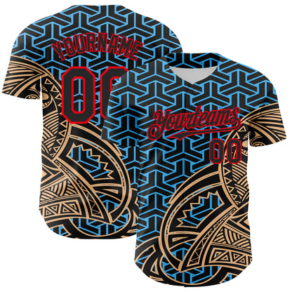 Custom Black Sky Blue Old Gold-Fire Red 3D Polynesian Style Islander Authentic Baseball Jersey - Sky-Custom