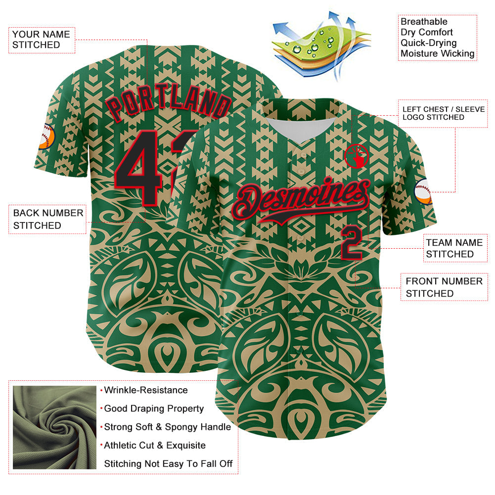 Custom Kelly Green Black Vegas Gold-Fire Red 3D Polynesian Style Islander Authentic Baseball Jersey - Sky-Custom