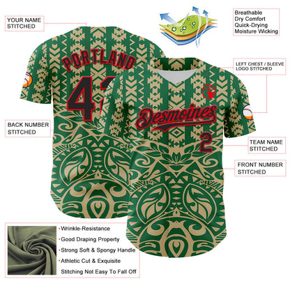 Custom Kelly Green Black Vegas Gold-Fire Red 3D Polynesian Style Islander Authentic Baseball Jersey - Sky-Custom