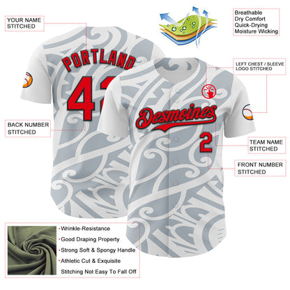 Custom White Fire Red Silver-Black 3D Polynesian Style Islander Authentic Baseball Jersey - Sky-Custom