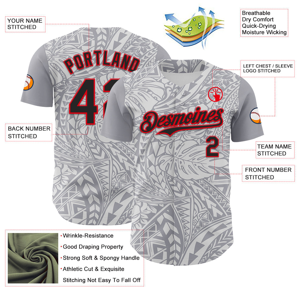 Custom Gray Black White-Fire Red 3D Polynesian Style Palm Leaves Islander Authentic Baseball Jersey - Sky-Custom