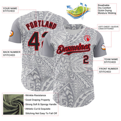 Custom Gray Black White-Fire Red 3D Polynesian Style Palm Leaves Islander Authentic Baseball Jersey - Sky-Custom