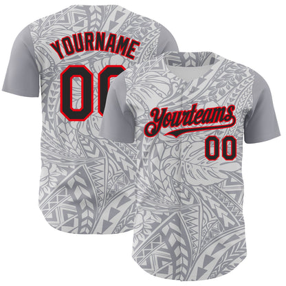 Custom Gray Black White-Fire Red 3D Polynesian Style Palm Leaves Islander Authentic Baseball Jersey - Sky-Custom