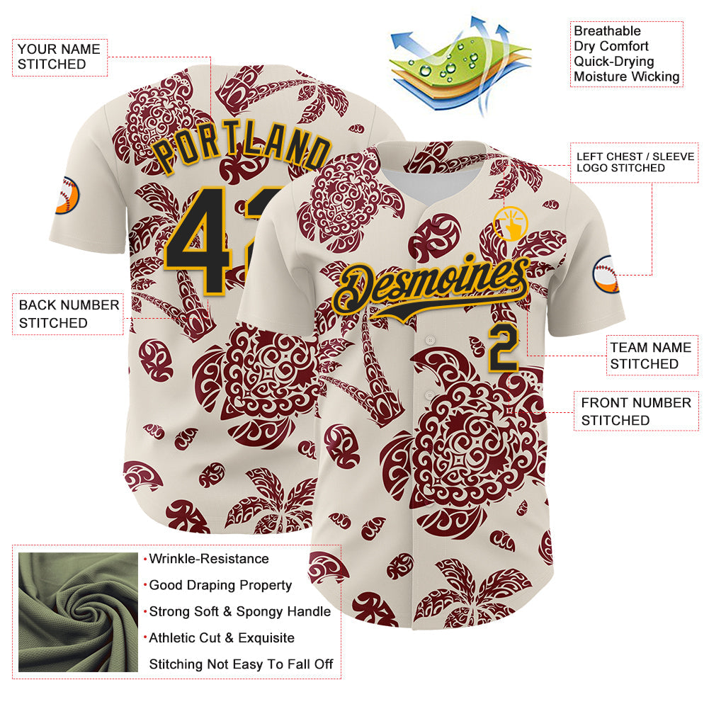 Custom Cream Black Crimson-Gold 3D Polynesian Style Palm Trees Islander Authentic Baseball Jersey - Sky-Custom