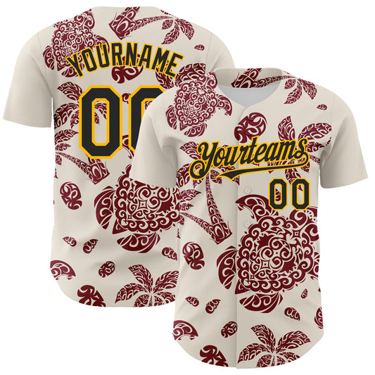 Custom Cream Black Crimson-Gold 3D Polynesian Style Palm Trees Islander Authentic Baseball Jersey - Sky-Custom