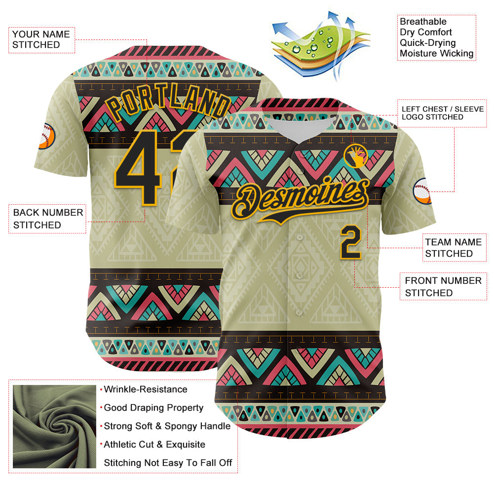 Custom Green Black-Gold 3D Polynesian Style Islander Authentic Baseball Jersey - Sky-Custom