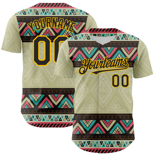 Custom Green Black-Gold 3D Polynesian Style Islander Authentic Baseball Jersey - Sky-Custom
