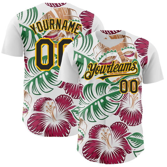 Custom White Black-Gold 3D Polynesian Style Tiki Culture Palm Leaves Islander Authentic Baseball Jersey - Sky-Custom