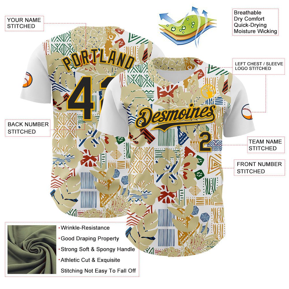Custom White Black-Gold 3D Polynesian Style Palm Leaves Islander Authentic Baseball Jersey - Sky-Custom