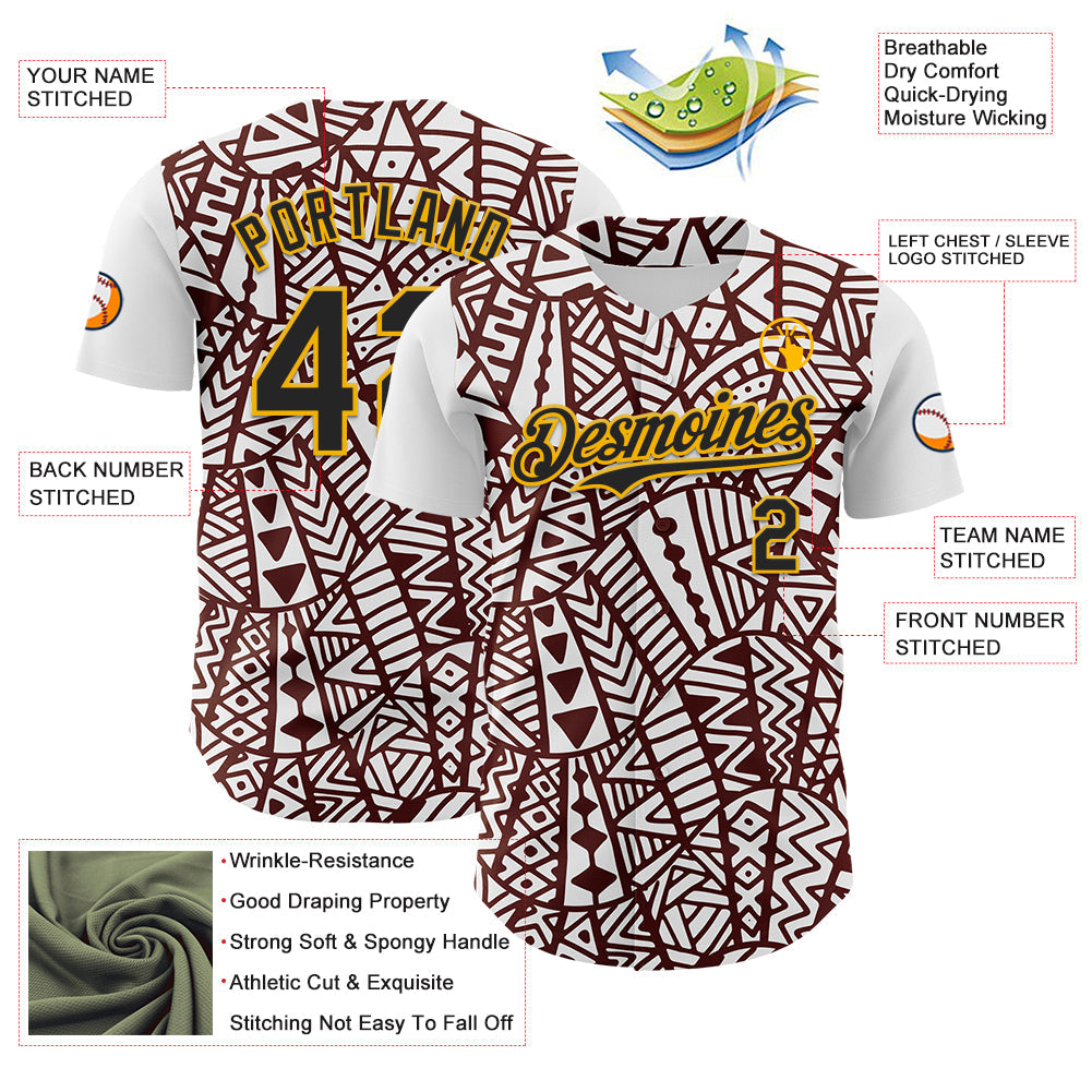 Custom White Black Brown-Gold 3D Polynesian Style Islander Authentic Baseball Jersey - Sky-Custom