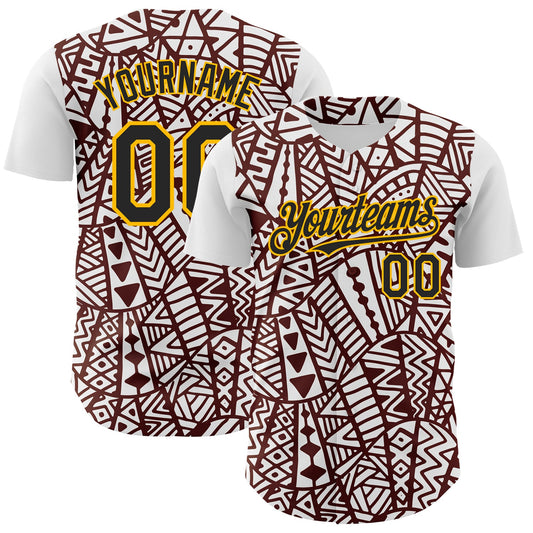 Custom White Black Brown-Gold 3D Polynesian Style Islander Authentic Baseball Jersey - Sky-Custom