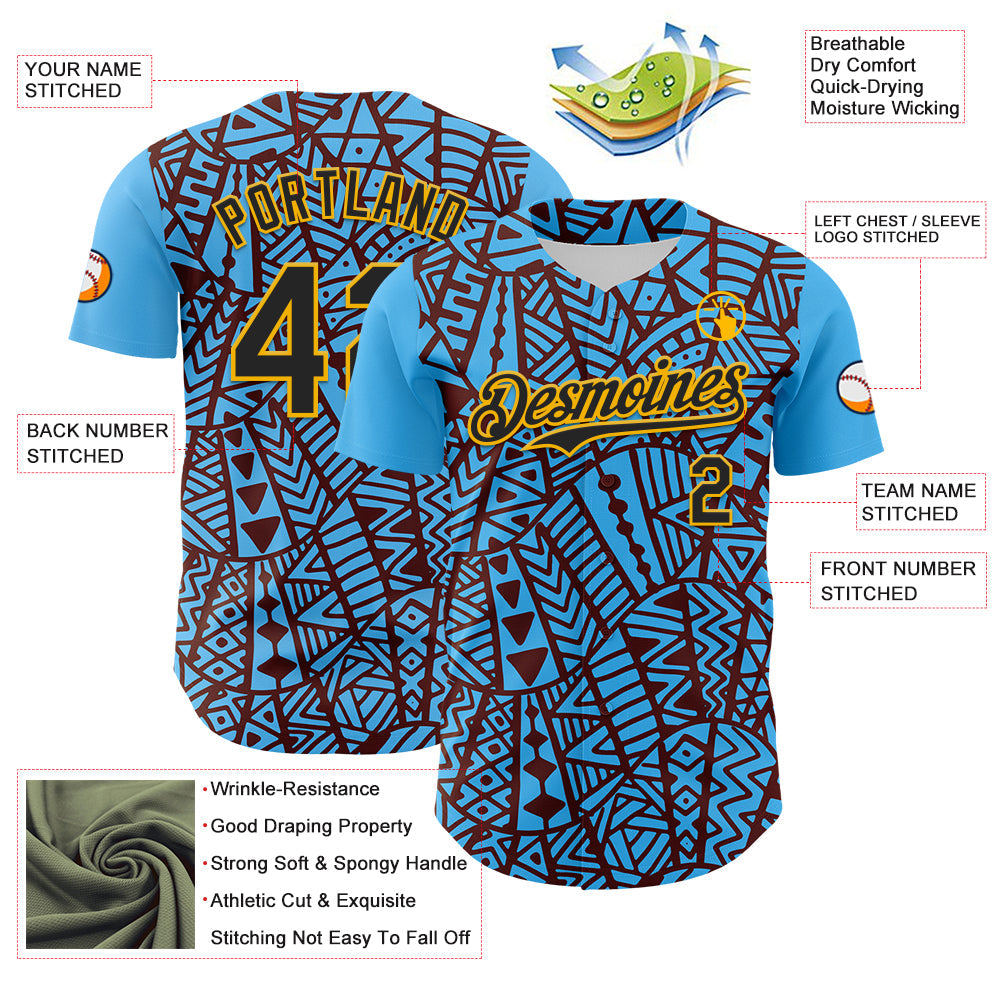 Custom Sky Blue Black Brown-Gold 3D Polynesian Style Islander Authentic Baseball Jersey - Sky-Custom