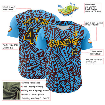 Custom Sky Blue Black Brown-Gold 3D Polynesian Style Islander Authentic Baseball Jersey - Sky-Custom