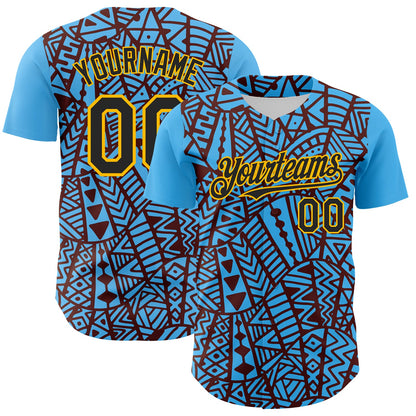 Custom Sky Blue Black Brown-Gold 3D Polynesian Style Islander Authentic Baseball Jersey - Sky-Custom