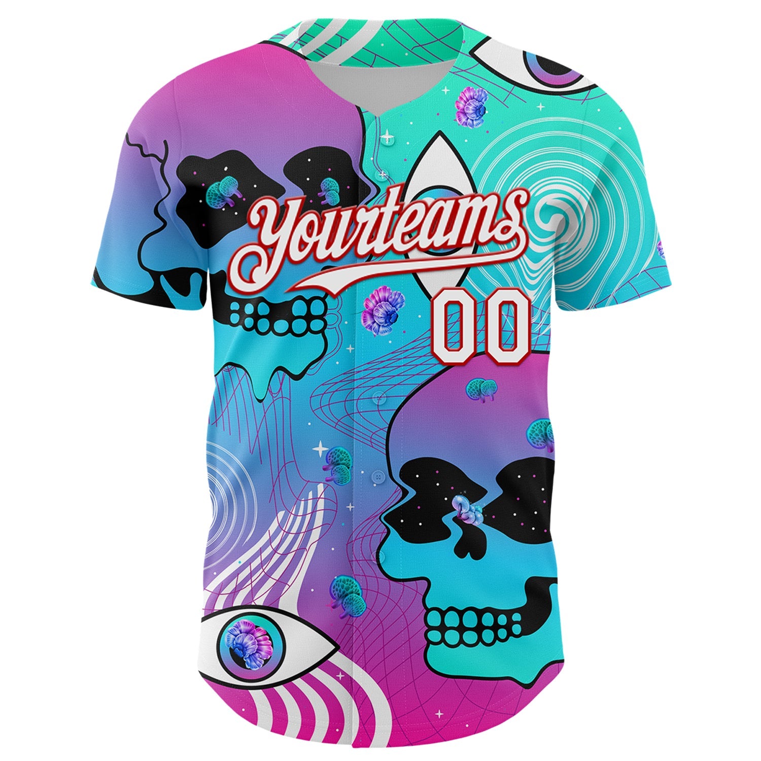 Custom Blue White-Red 3D Pattern Design Trippy Magic Mushrooms Skull Authentic Baseball Jersey - Sky-Custom