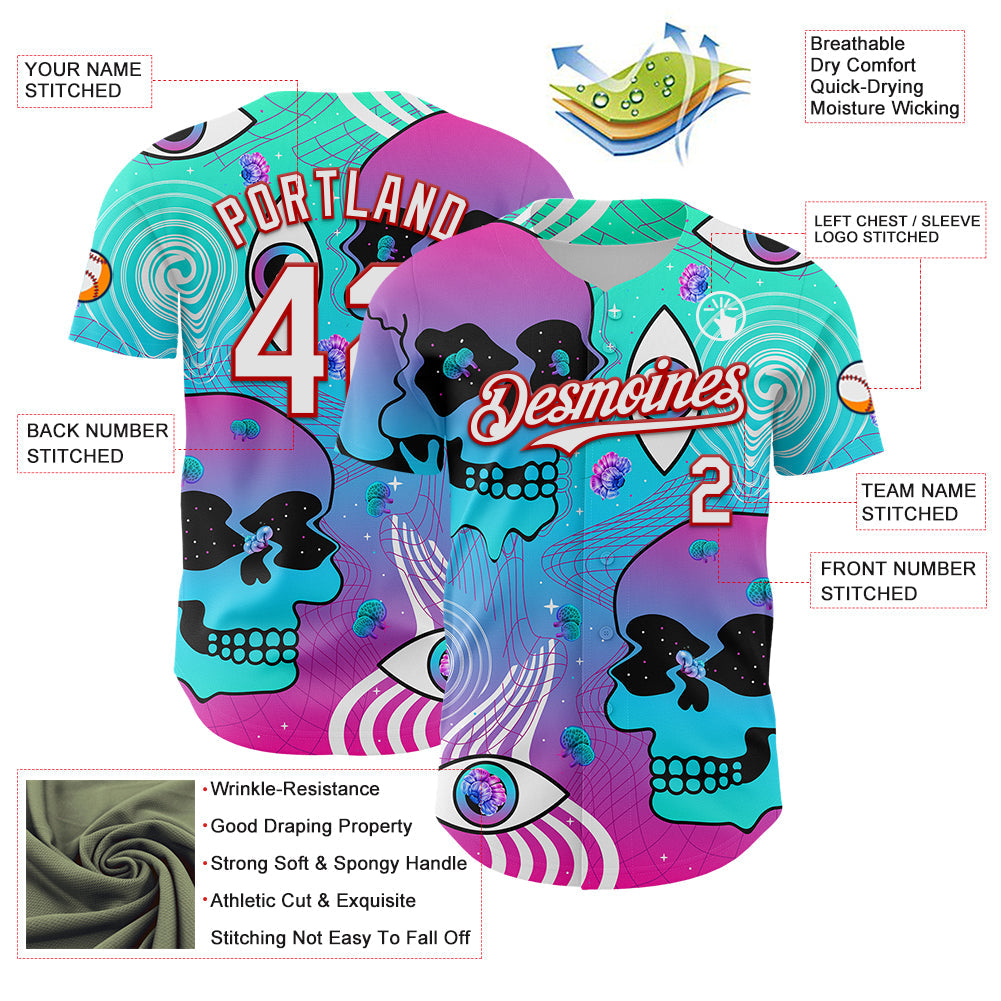 Custom Blue White-Red 3D Pattern Design Trippy Magic Mushrooms Skull Authentic Baseball Jersey - Sky-Custom
