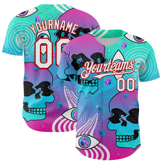Custom Blue White-Red 3D Pattern Design Trippy Magic Mushrooms Skull Authentic Baseball Jersey - Sky-Custom