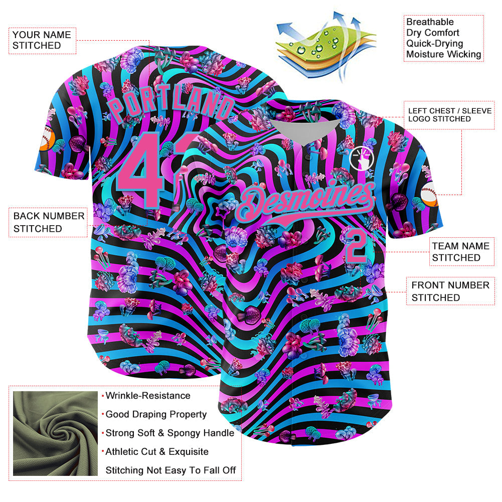 Custom Black Pink Purple-Sky Blue 3D Pattern Design Trippy Psychedelic Magic Mushrooms Authentic Baseball Jersey - Sky-Custom