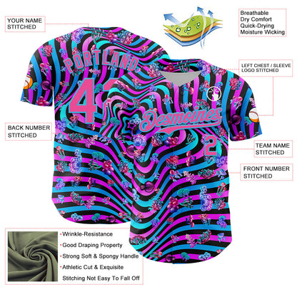 Custom Black Pink Purple-Sky Blue 3D Pattern Design Trippy Psychedelic Magic Mushrooms Authentic Baseball Jersey - Sky-Custom