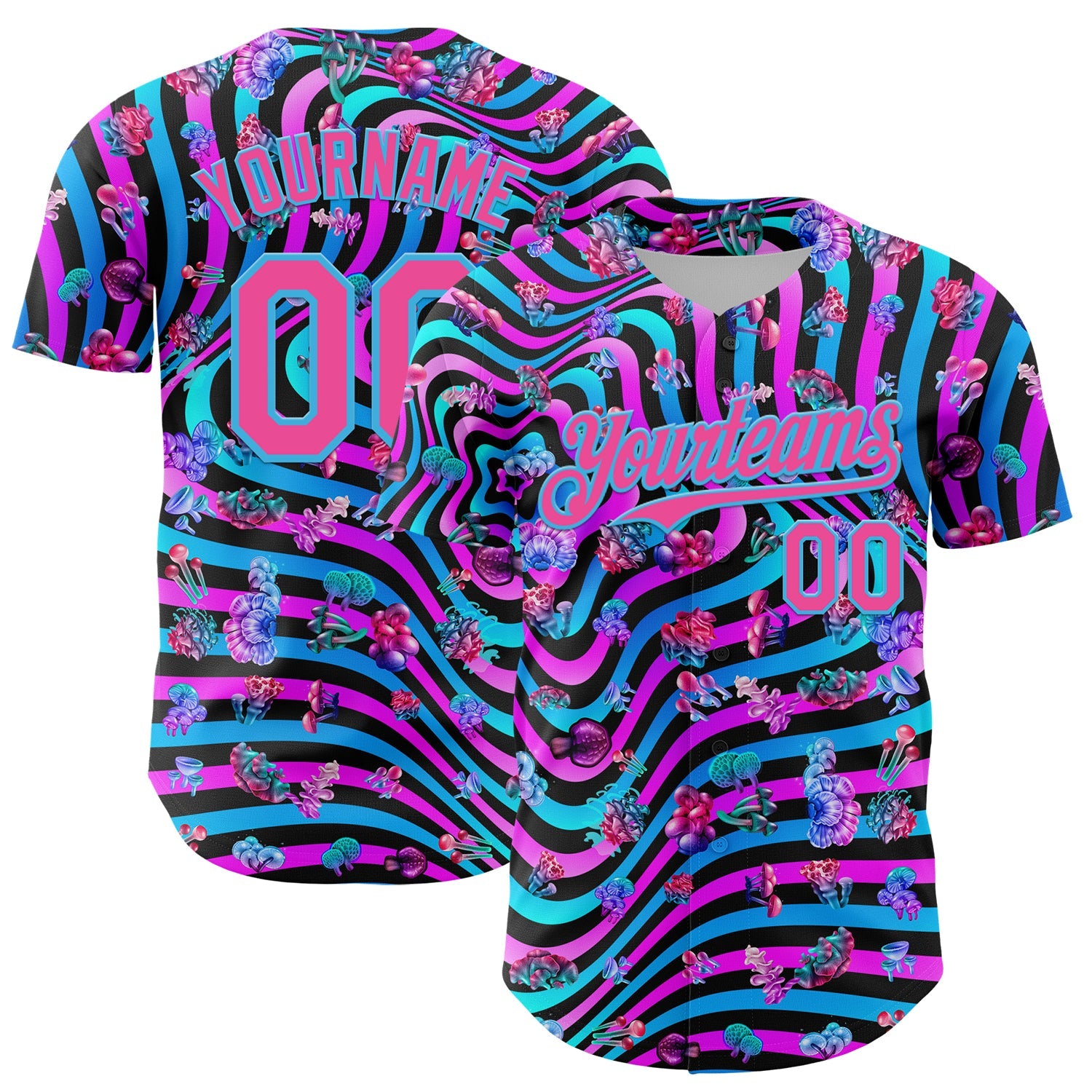 Custom Black Pink Purple-Sky Blue 3D Pattern Design Trippy Psychedelic Magic Mushrooms Authentic Baseball Jersey - Sky-Custom