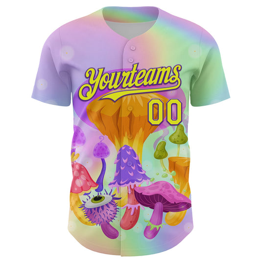 Custom Purple Neon Yellow 3D Pattern Design Trippy Psychedelic Magic Mushrooms Authentic Baseball Jersey - Sky-Custom