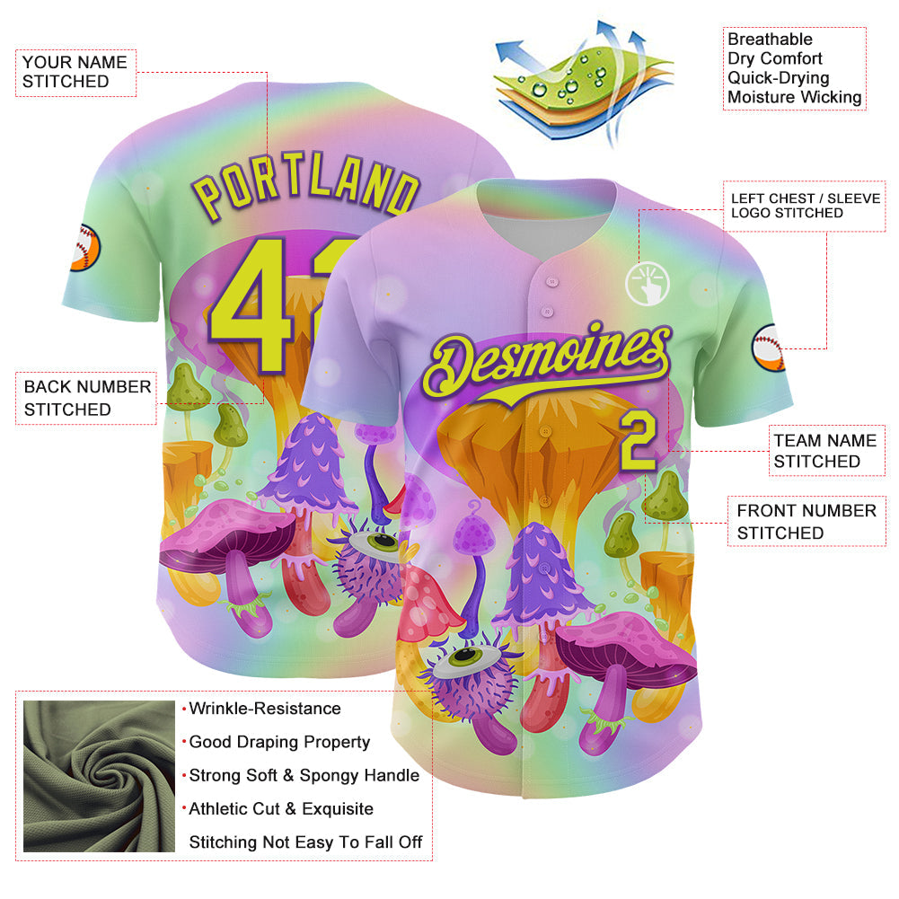 Custom Purple Neon Yellow 3D Pattern Design Trippy Psychedelic Magic Mushrooms Authentic Baseball Jersey - Sky-Custom