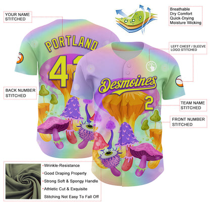 Custom Purple Neon Yellow 3D Pattern Design Trippy Psychedelic Magic Mushrooms Authentic Baseball Jersey - Sky-Custom