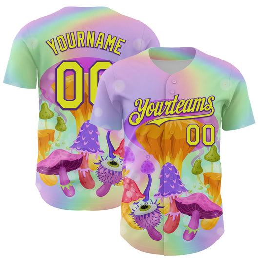Custom Purple Neon Yellow 3D Pattern Design Trippy Psychedelic Magic Mushrooms Authentic Baseball Jersey - Sky-Custom