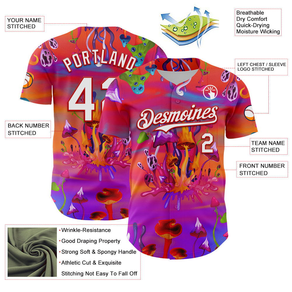 Custom Red White 3D Pattern Design Trippy Psychedelic Magic Mushrooms Authentic Baseball Jersey - Sky-Custom