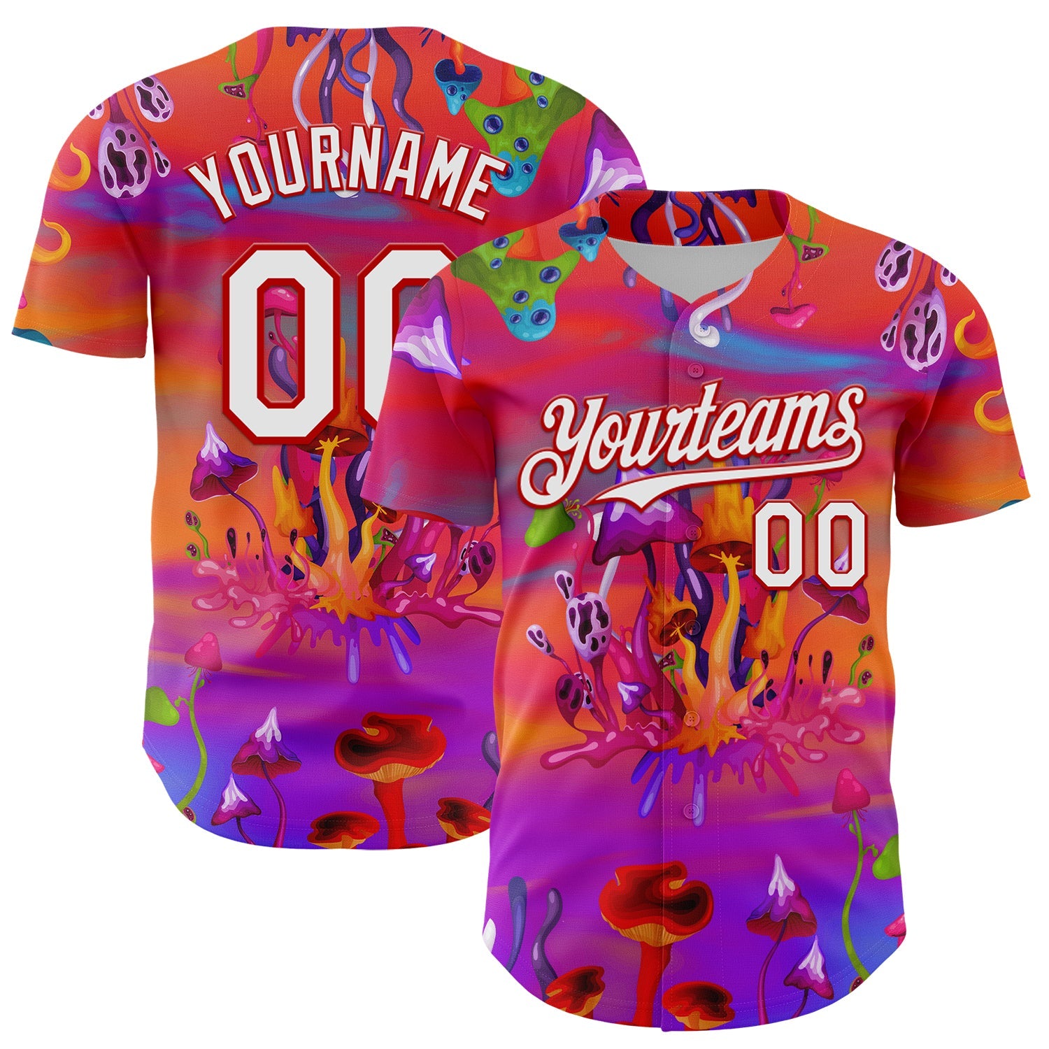 Custom Red White 3D Pattern Design Trippy Psychedelic Magic Mushrooms Authentic Baseball Jersey - Sky-Custom