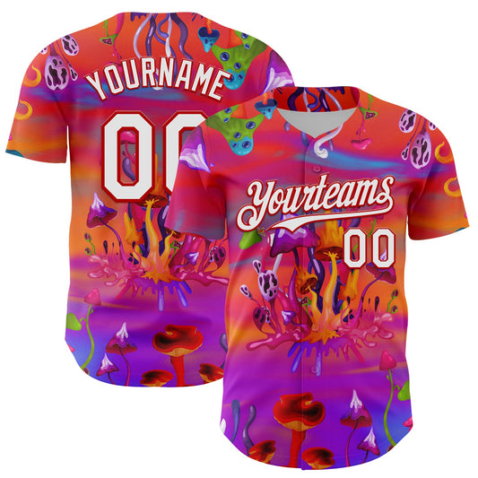 Custom Red White 3D Pattern Design Trippy Psychedelic Magic Mushrooms Authentic Baseball Jersey - Sky-Custom