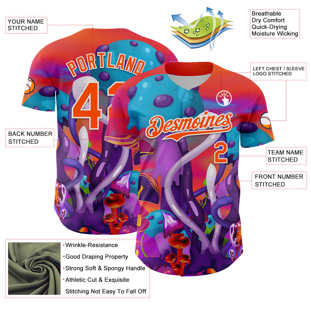 Custom Red Orange Purple-White 3D Pattern Design Trippy Psychedelic Magic Mushrooms Authentic Baseball Jersey - Sky-Custom