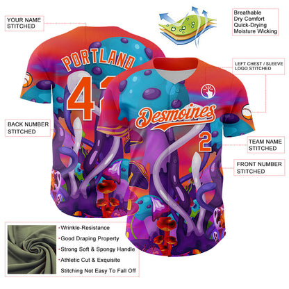 Custom Red Orange Purple-White 3D Pattern Design Trippy Psychedelic Magic Mushrooms Authentic Baseball Jersey - Sky-Custom