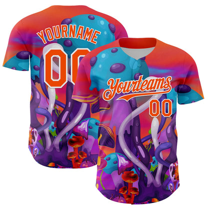 Custom Red Orange Purple-White 3D Pattern Design Trippy Psychedelic Magic Mushrooms Authentic Baseball Jersey - Sky-Custom