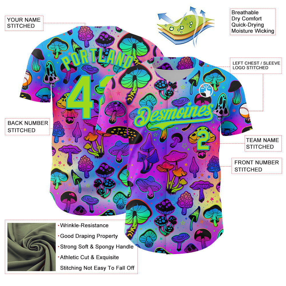 Custom Purple Neon Green-Lakes Blue 3D Pattern Design Trippy Psychedelic Magic Mushrooms Authentic Baseball Jersey - Sky-Custom