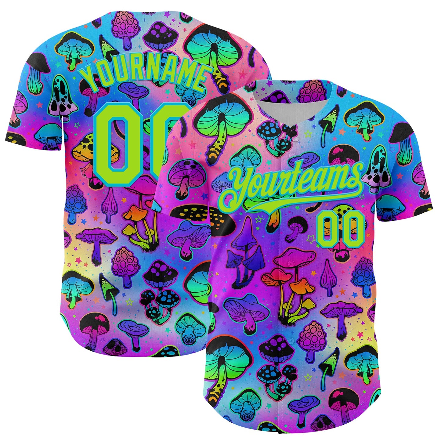 Custom Purple Neon Green-Lakes Blue 3D Pattern Design Trippy Psychedelic Magic Mushrooms Authentic Baseball Jersey - Sky-Custom