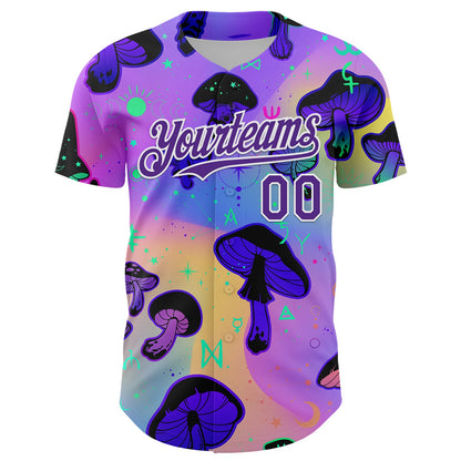 Custom Purple White 3D Pattern Design Trippy Psychedelic Magic Mushrooms Authentic Baseball Jersey - Sky-Custom