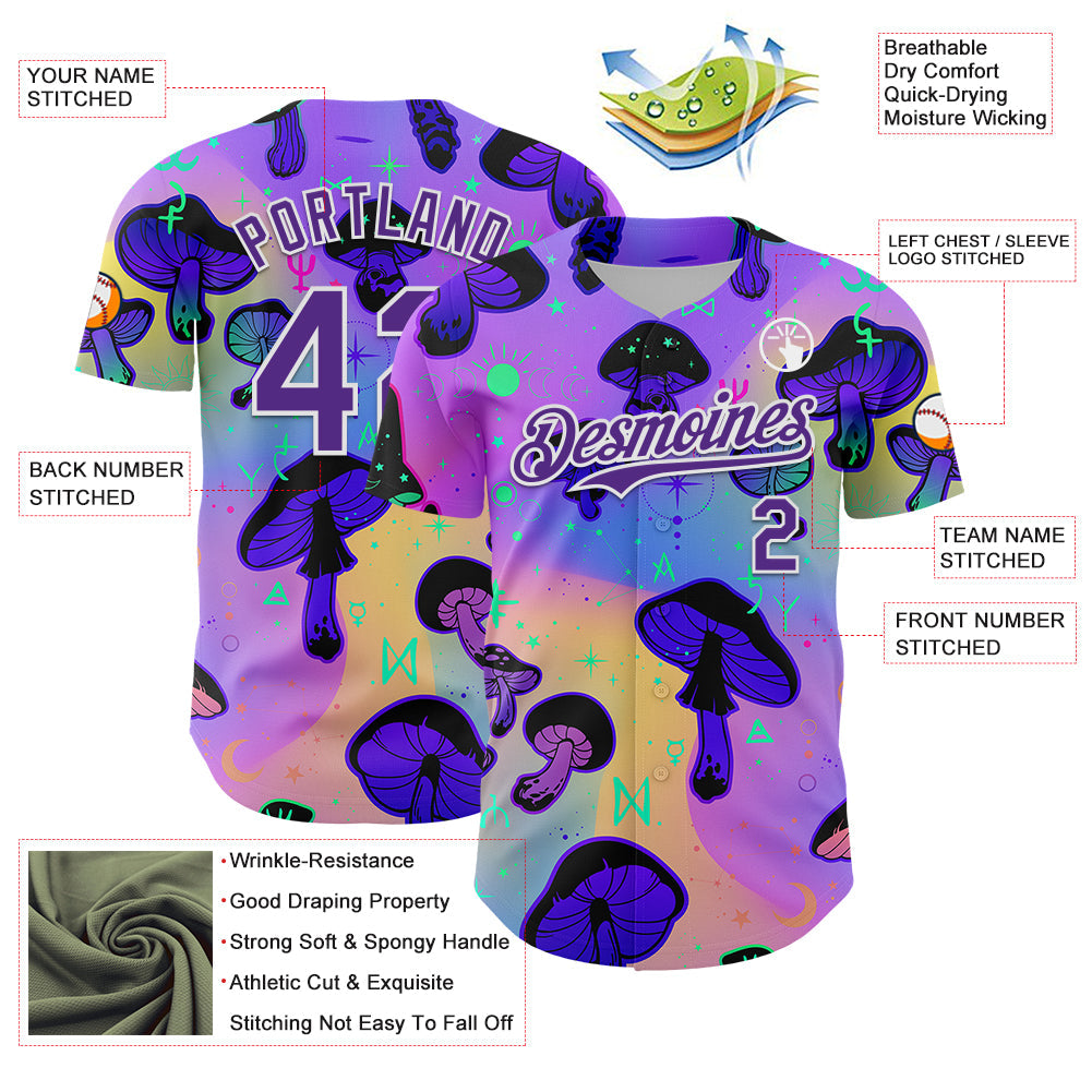 Custom Purple White 3D Pattern Design Trippy Psychedelic Magic Mushrooms Authentic Baseball Jersey - Sky-Custom